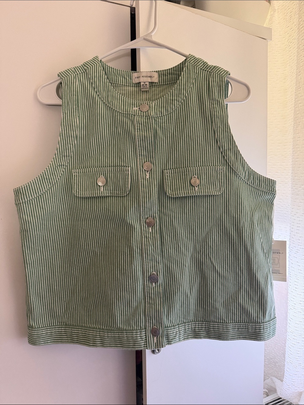 Denim Green Striped Sleeveless Button-Front Top